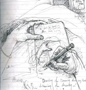 "Drawing the drawing drawing the hands drawing hands..."